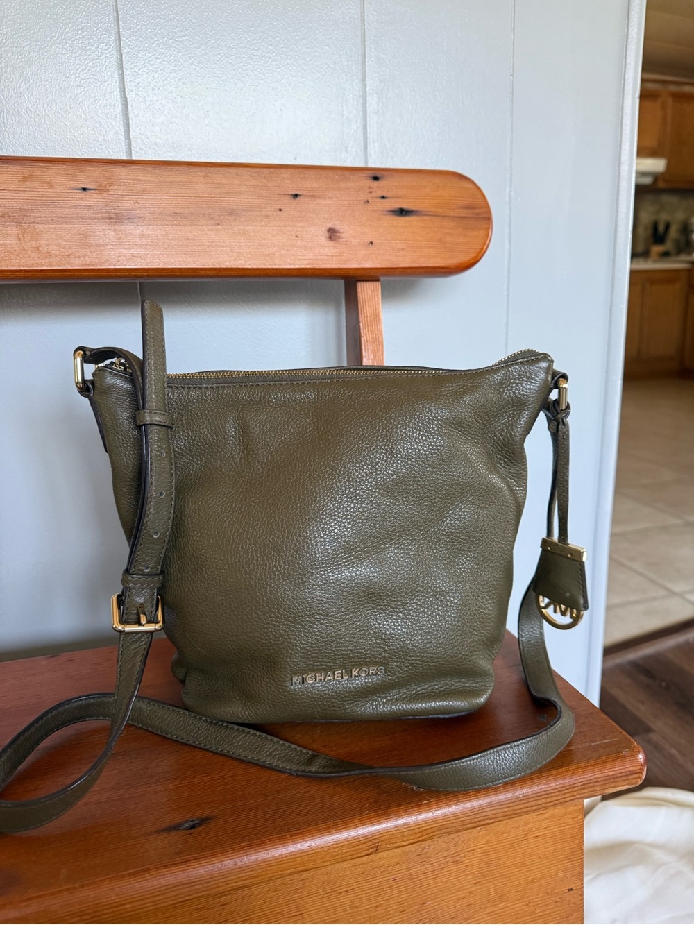 Michael Kors Bedford Olive Pebbled Leather Crossbody with Gold Hardware